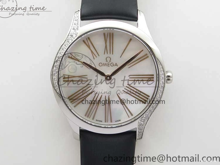0811 Ladies’ De Ville Trésor Diamond SS 3AF 1:1 Best Edition White MOP Dial RG Markers On Black Fabric strap Swiss Quartz Comfortable 7884